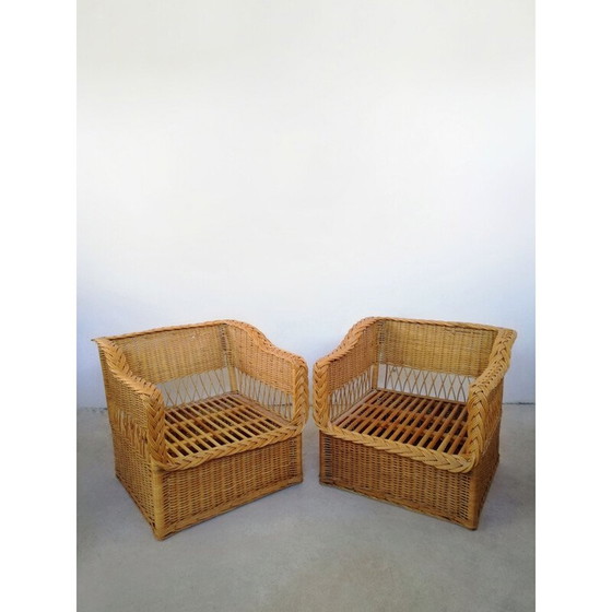 Image 1 of Paar vintage rieten en biezen fauteuils, jaren 1970