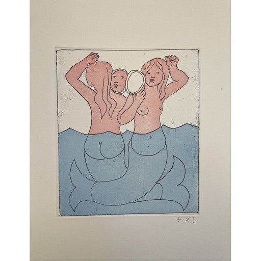 Vintage schilderij "de sirenen" op papier van François Xavier Lalanne, Frankrijk 2005