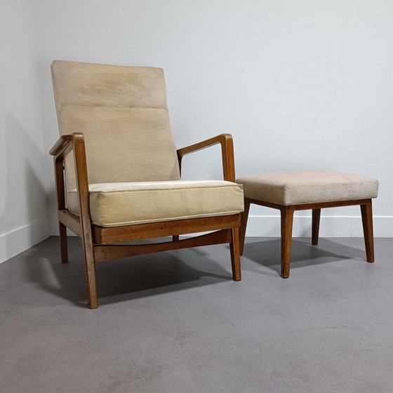 Image 1 of Vintage fluwelen stoffen fauteuil en voetensteun van Knoll Antimot