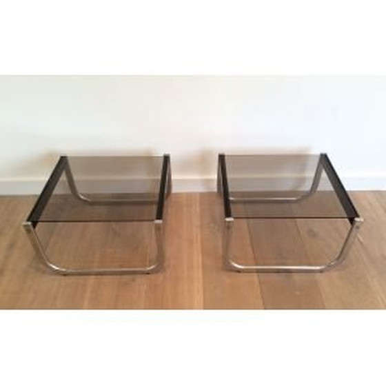 Image 1 of Paar vintage bijzettafels in chroom, gezwart hout en glas, 1970