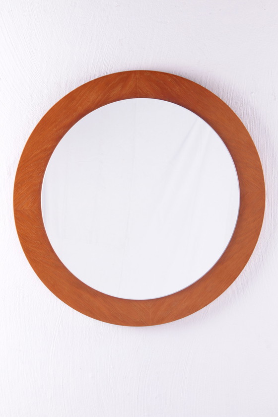 Image 1 of Vintage Grote Ronde licht houten Wandspiegel, jaren 60