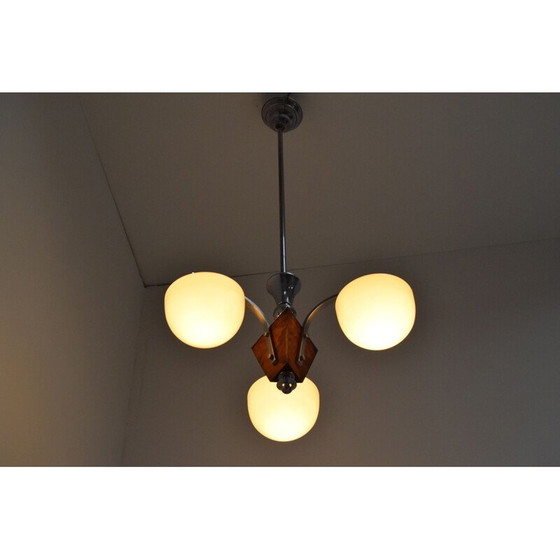 Image 1 of Vintage art deco kroonluchter van glas en hout, Tsjecho-Slowakije 1930