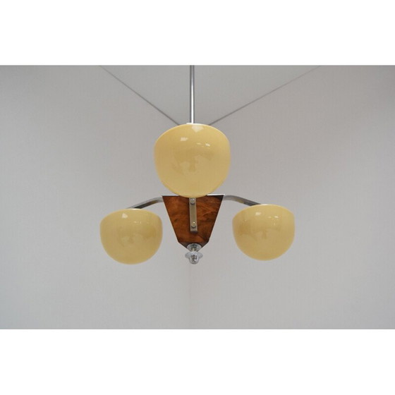 Image 1 of Vintage art deco kroonluchter van glas en hout, Tsjecho-Slowakije 1930