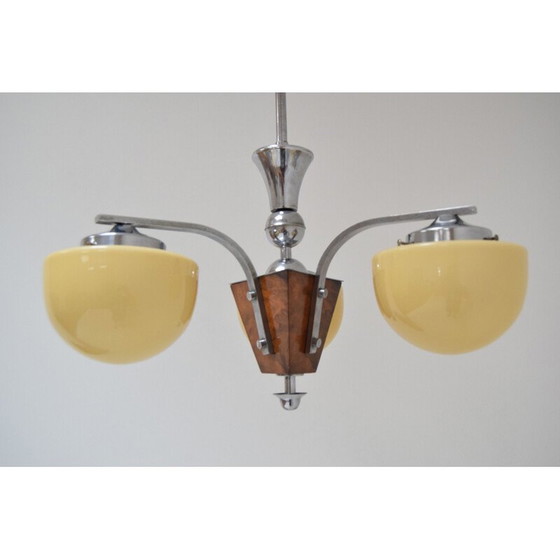 Image 1 of Vintage art deco kroonluchter van glas en hout, Tsjecho-Slowakije 1930