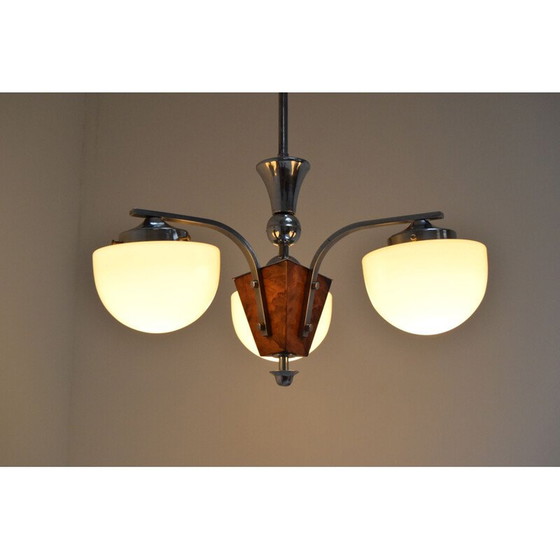 Image 1 of Vintage art deco kroonluchter van glas en hout, Tsjecho-Slowakije 1930