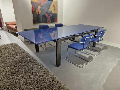 Unieke Moderne Design Eettafel - Staal Frame - Blauw Glas