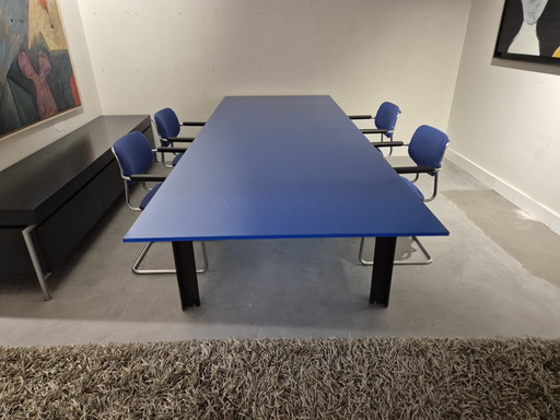 Unieke Moderne Design Eettafel - Staal Frame - Blauw Glas