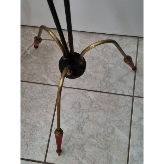 Image 1 of Vintage driepoot vloerlamp in staal, messing en opaline, 1950