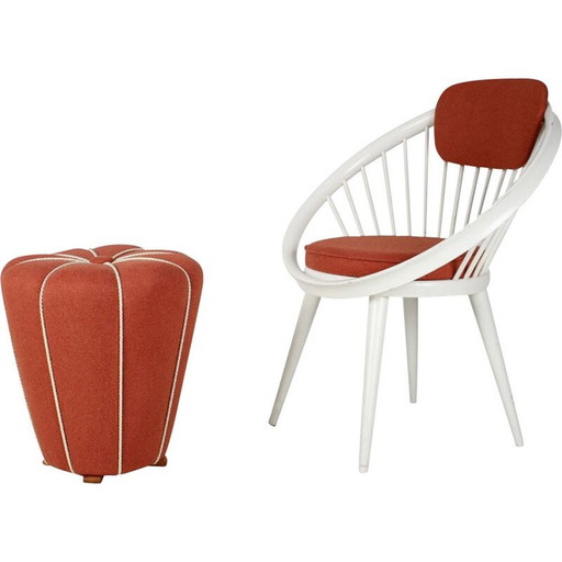 Set van fauteuil met vintage houten en stoffen poef, Tsjecho-Slowakije 1950-1970