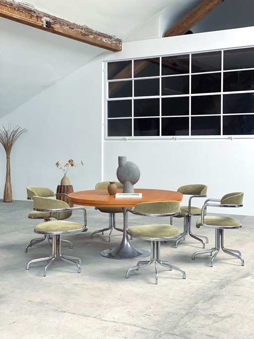 6x Italiaanse 1970s chromen ribfluwelen draaistoelen olijf groen salie kleurig