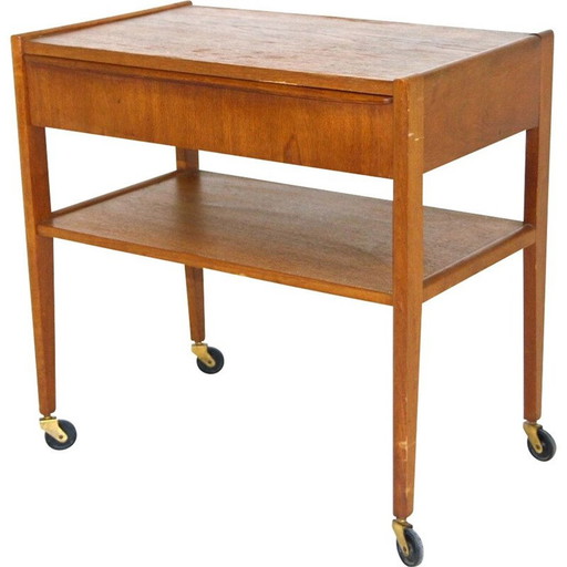 Vintage teakhouten serveertafel op wielen, Denemarken 1960
