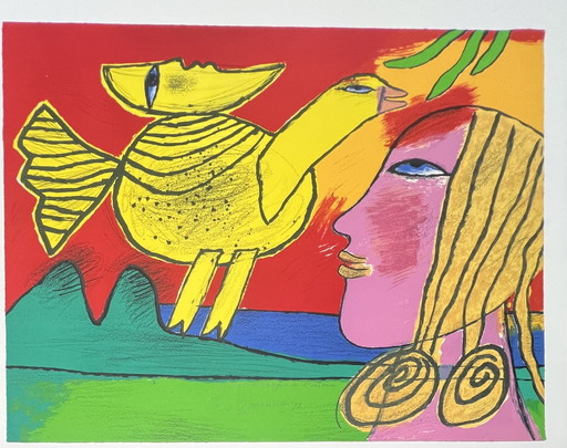 Gesigneerd; Guillaume Corneille Lithografie La Lune Compagne De L'Oiseau 1993