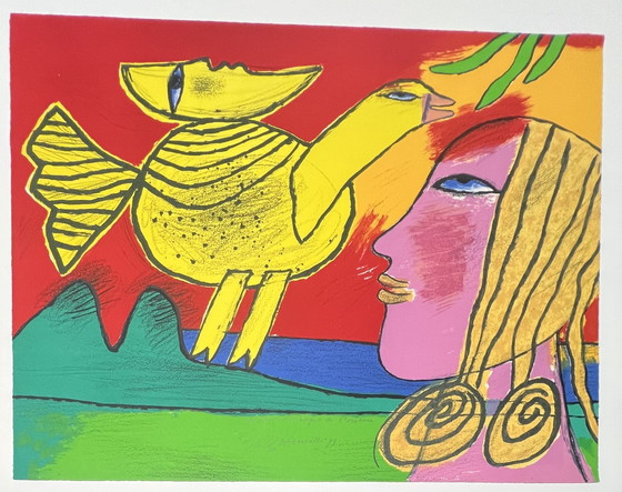 Image 1 of Gesigneerd; Guillaume Corneille Lithografie La Lune Compagne De L'Oiseau 1993