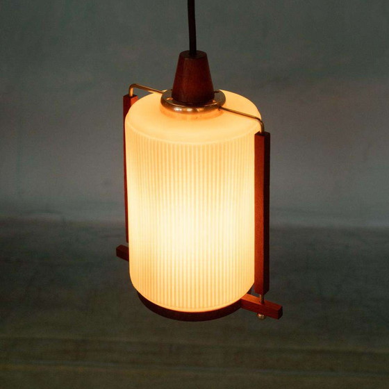 Image 1 of Vintage glazen hanglamp teak en melkglas, Midmod pendant