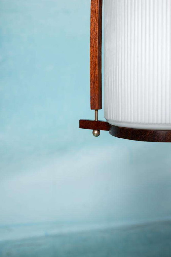 Image 1 of Vintage glazen hanglamp teak en melkglas, Midmod pendant