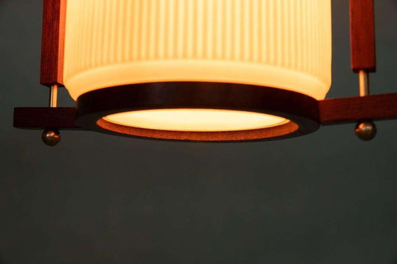 Image 1 of Vintage glazen hanglamp teak en melkglas, Midmod pendant