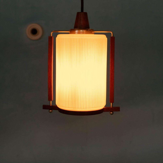 Image 1 of Vintage glazen hanglamp teak en melkglas, Midmod pendant