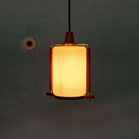 Image 1 of Vintage glazen hanglamp teak en melkglas, Midmod pendant