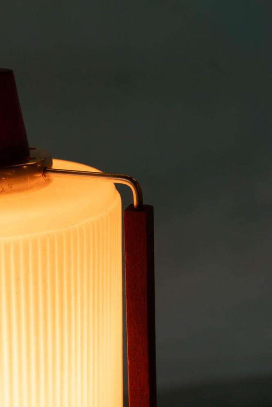 Image 1 of Vintage glazen hanglamp teak en melkglas, Midmod pendant