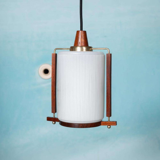 Image 1 of Vintage glazen hanglamp teak en melkglas, Midmod pendant