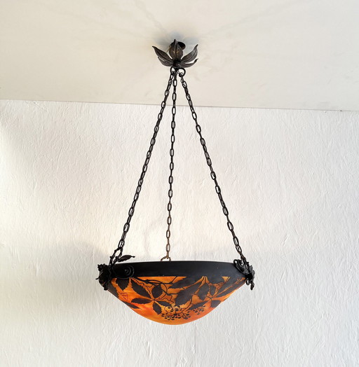 Daum Nancy Frankrijk 1910 - Art Nouveau Kroonluchter Hanglamp In Glas In Zuur Geëtst Cameo