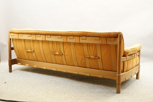 Loungebank Mid-Century in Braziliaans Leer en Hout, jaren 70