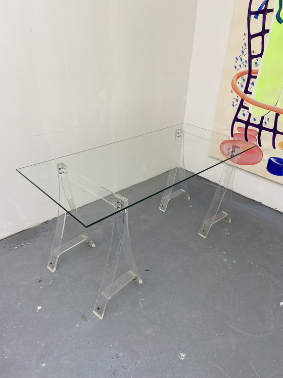 Image 1 of Vintage Glazen Tafel Op Schragen