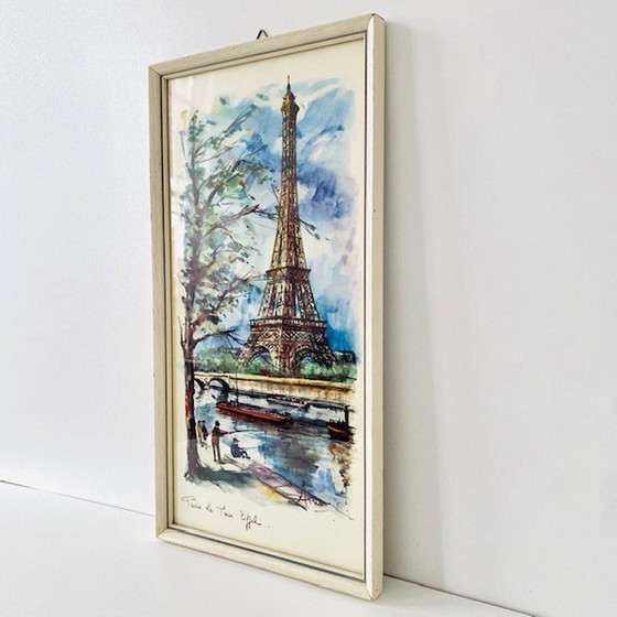 Image 1 of Mid-Century waterverf schilderij Parijs Eiffeltoren Arno 1970's