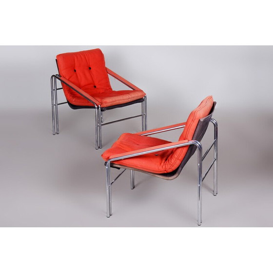Image 1 of Paar Mid Century fauteuils in staal en stof, Tsjechië 1960