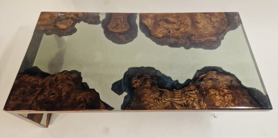 Image 1 of Zwevende Waterval Tafel Van Amerikaanse Iepenhout Met Burl. Smokey Grey Semi Transparent