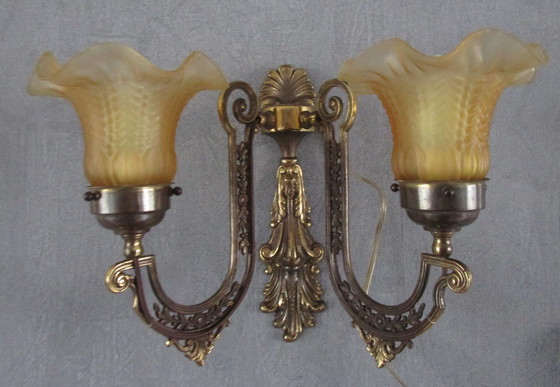 Image 1 of Vintage Dubbele Wandlamp Bloem Design Melkglas Art Nouveau Stijl