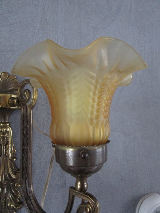 Image 1 of Vintage Dubbele Wandlamp Bloem Design Melkglas Art Nouveau Stijl