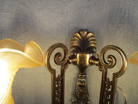 Image 1 of Vintage Dubbele Wandlamp Bloem Design Melkglas Art Nouveau Stijl