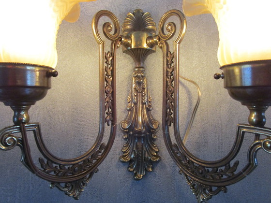 Image 1 of Vintage Dubbele Wandlamp Bloem Design Melkglas Art Nouveau Stijl