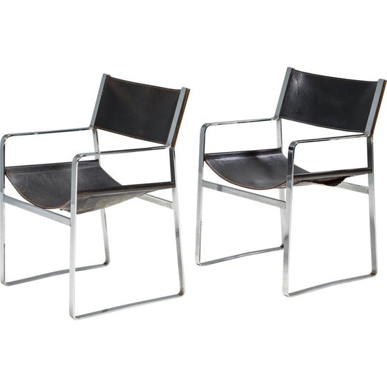 Image 1 of Paar vintage Jh-813 zwart lederen fauteuils van Hans J. Wegner voor Johannes Hansen