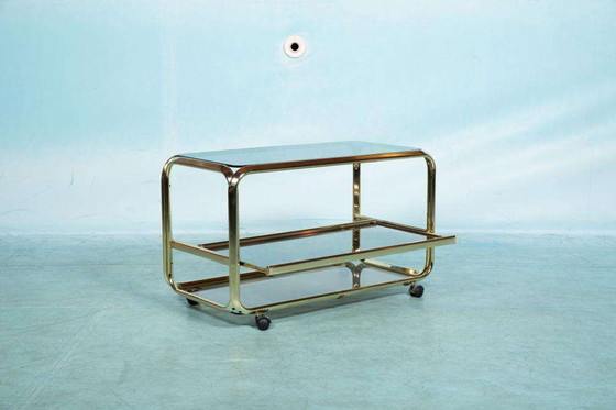 Image 1 of Vintage buisframe trolley 60s, brass cart smoked glass