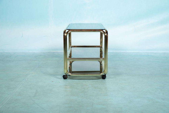 Image 1 of Vintage buisframe trolley 60s, brass cart smoked glass