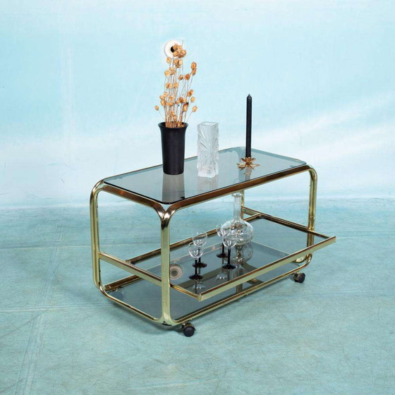 Image 1 of Vintage buisframe trolley 60s, brass cart smoked glass