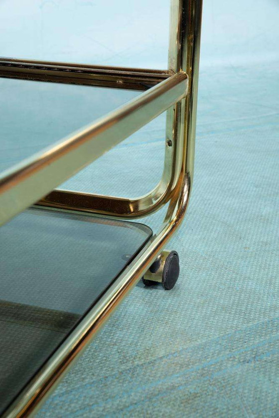 Image 1 of Vintage buisframe trolley 60s, brass cart smoked glass