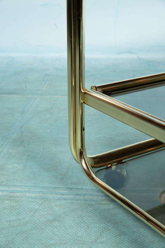 Image 1 of Vintage buisframe trolley 60s, brass cart smoked glass