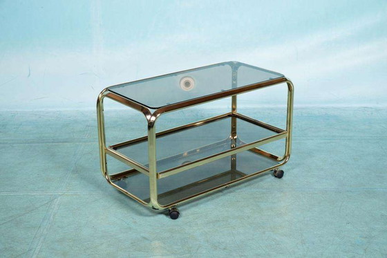 Image 1 of Vintage buisframe trolley 60s, brass cart smoked glass