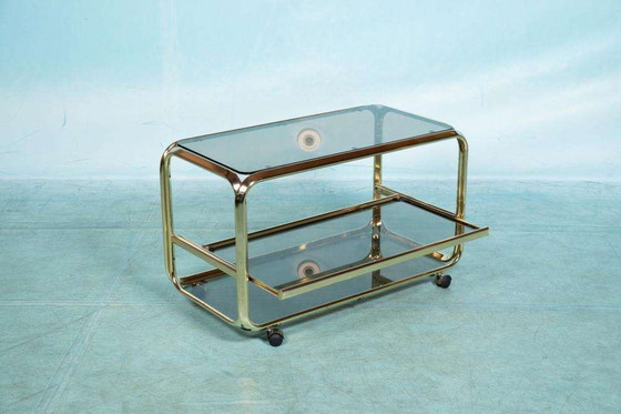 Image 1 of Vintage buisframe trolley 60s, brass cart smoked glass