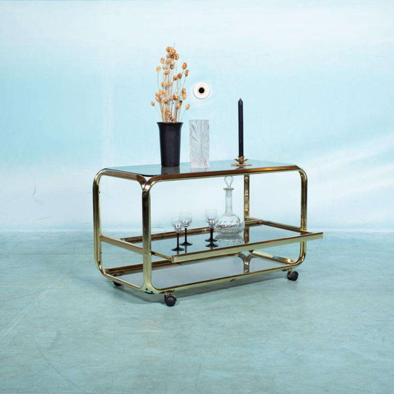 Image 1 of Vintage buisframe trolley 60s, brass cart smoked glass