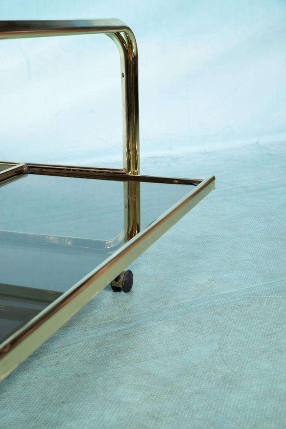 Image 1 of Vintage buisframe trolley 60s, brass cart smoked glass