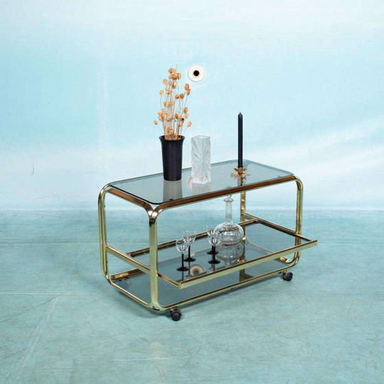 Image 1 of Vintage buisframe trolley 60s, brass cart smoked glass