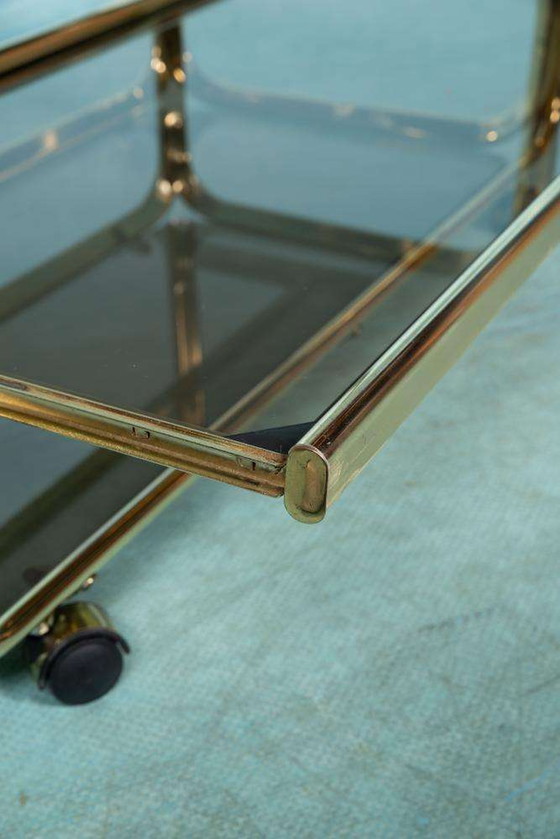 Image 1 of Vintage buisframe trolley 60s, brass cart smoked glass