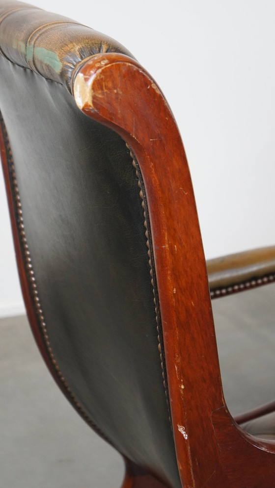 Image 1 of 2 x Groene Vintage Rundleren Chesterfield Fauteuil