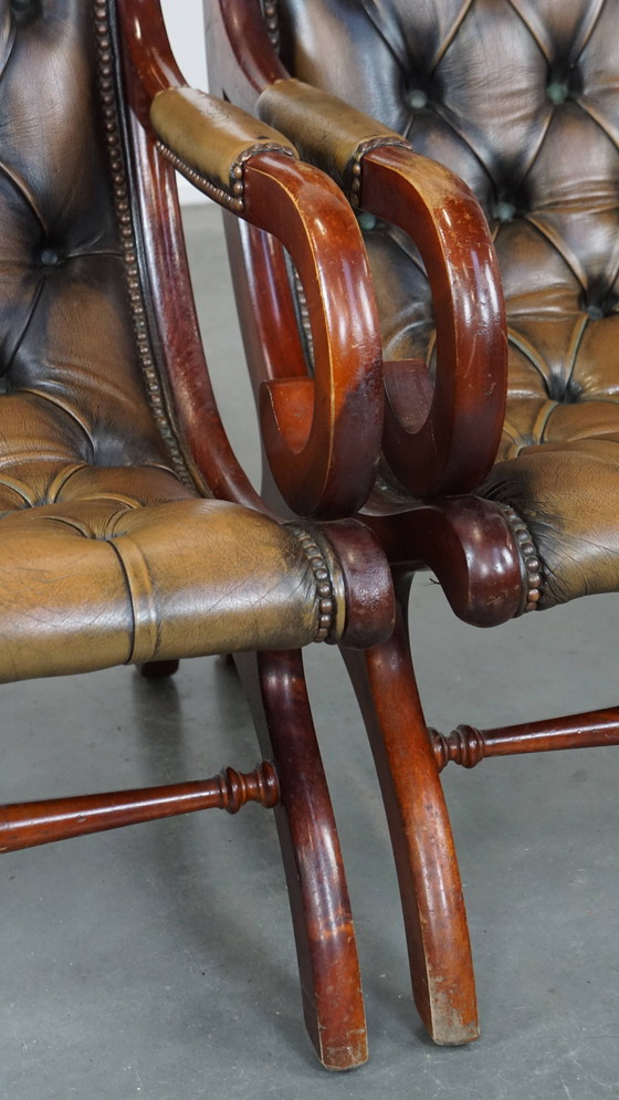 Image 1 of 2 x Groene Vintage Rundleren Chesterfield Fauteuil