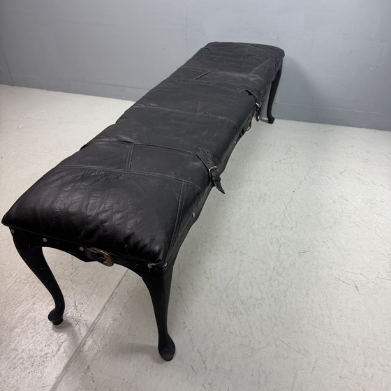 Image 1 of Unieke Vintage Lange Bank Zwart Leer
