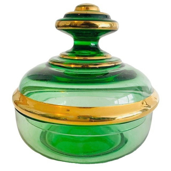 Image 1 of Art Deco stijl poederdoos groen glas jaren 50